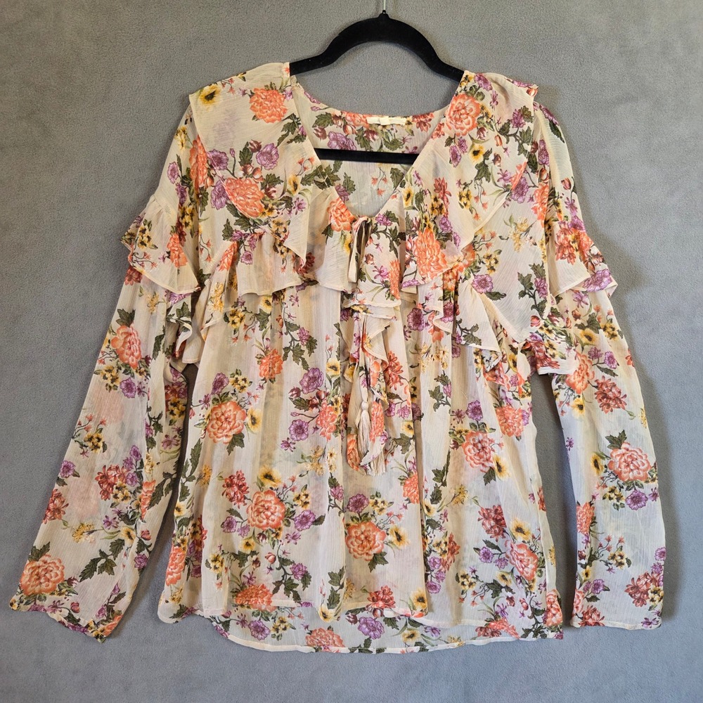 Floral Ruffle Chiffon Top Women Large Boho Cottagecore Coquette Fairy Whimsical